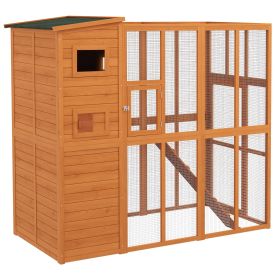 Outdoor Cat House Catio Wooden Feral Cat Shelter with Door Weather-Resistant Asphalt Roof 77 L Natural