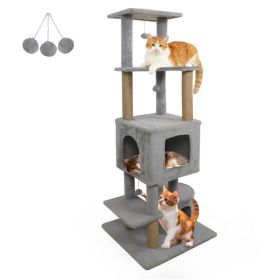 64" Light Gray Cat Tower with Plush Perches & 3 Dangling Balls, Jute Scratching Posts & Anti-Tipping Device for Multi-Cat Households