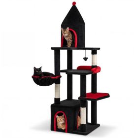 Gothic 5-Level Cat Tree 63" Tall with Sisal Scratching Posts Black Red Cat Tower