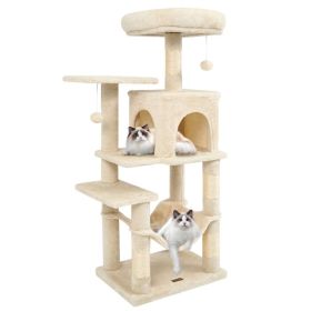 44" Multi-Level Cat Tree with Spacious Top Perch, 2-Door Condo & Hammock for Indoor Cats -Beige